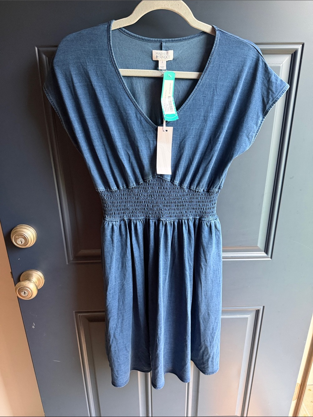 Market & Spruce Indigo V-Neck Smocked-Waist Midi Dress